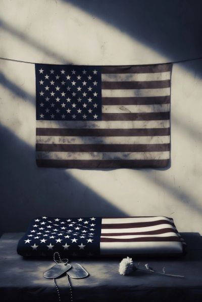 Folded and hanging American flags with dog tags and a white flower.