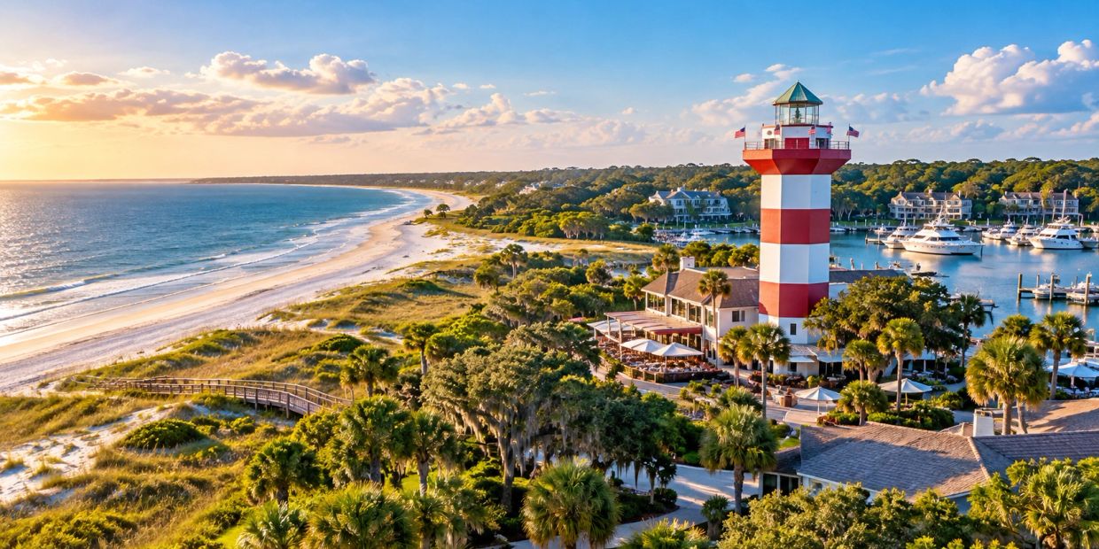 A red and white lighthouse by a scenic coastline at sunset.