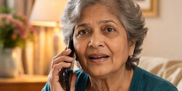 Elderly woman talking on the phone with a concerned expression.