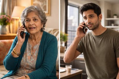 Elderly woman talking on the phone with a concerned expression.