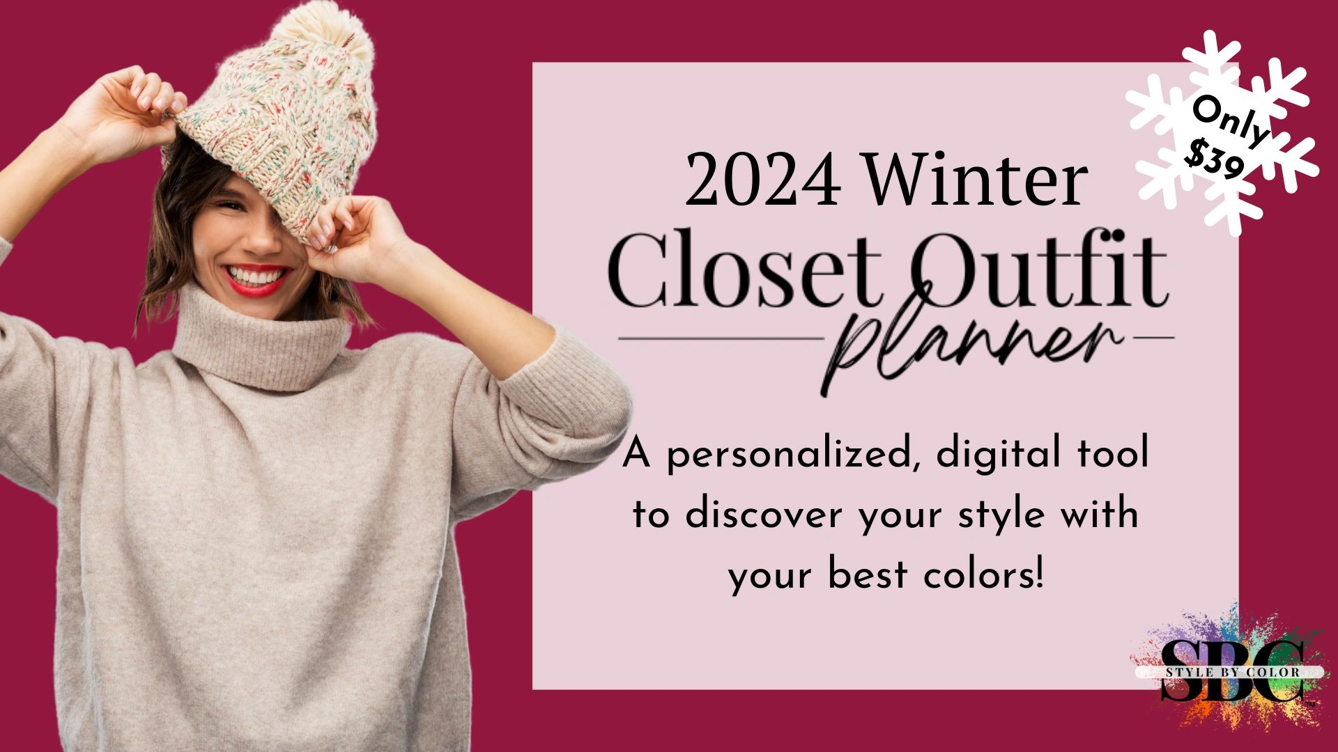 Smiling woman in a cozy sweater with a winter closet outfit planner ad.