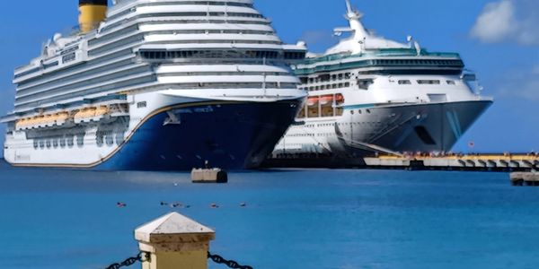 Two large cruise ships docked in a calm blue harbor under a clear sky.