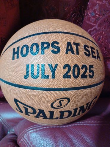 Spalding basketball with "Hoops at Sea July 2025" printed on it.