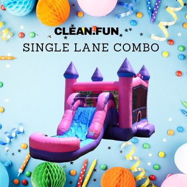 Bounce House Rentals Katy TX Pink & Purple Single Lane Bounce House & Inflatable Slide Combo