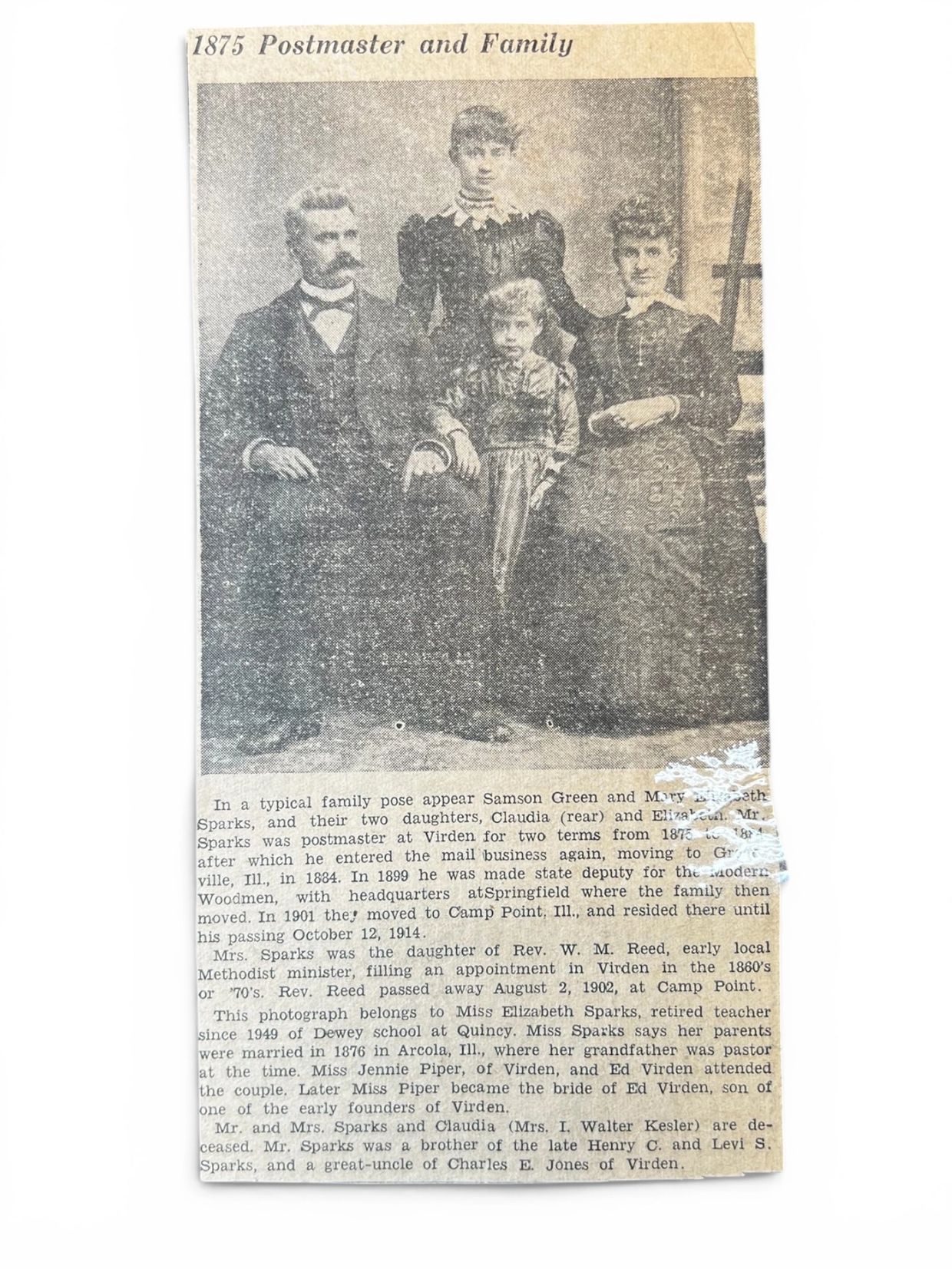 1875 family portrait of Postmaster Sparks with wife and daughters Claudia and Elizabeth.