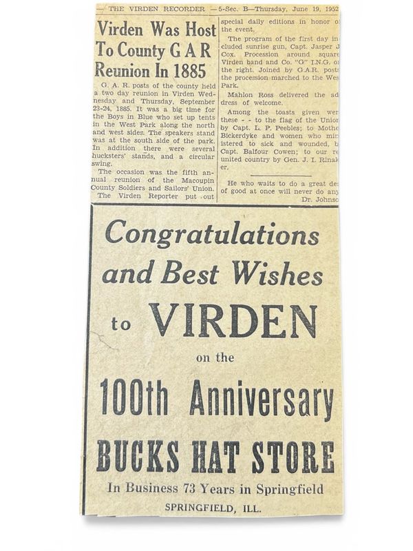 Newspaper clipping celebrating Virden's 100th anniversary and historical GAR reunion.