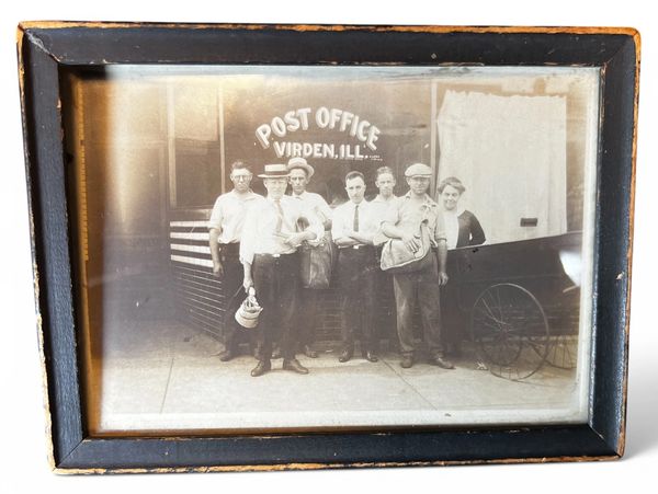 Vintage photo of seven men outside Virden, Ill. post office.