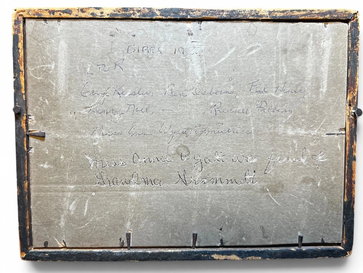 Handwritten notes on the back of an old framed item from circa 1930.