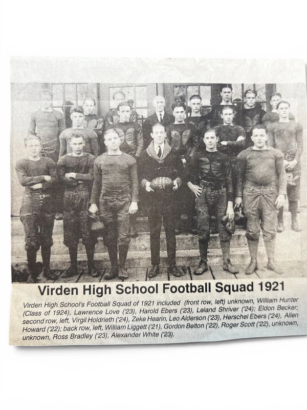 Virden High School Football Squad team photo from 1921 in vintage uniforms.