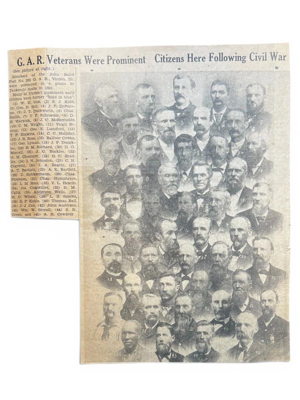 Group portrait of G.A.R. Civil War veterans with numbered faces and a names list.