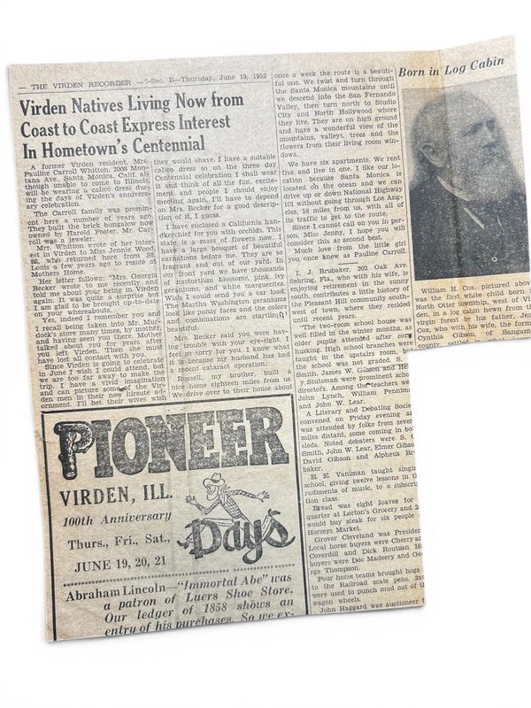 Newspaper clipping about Virden natives and Pioneer Days celebration in 1952.