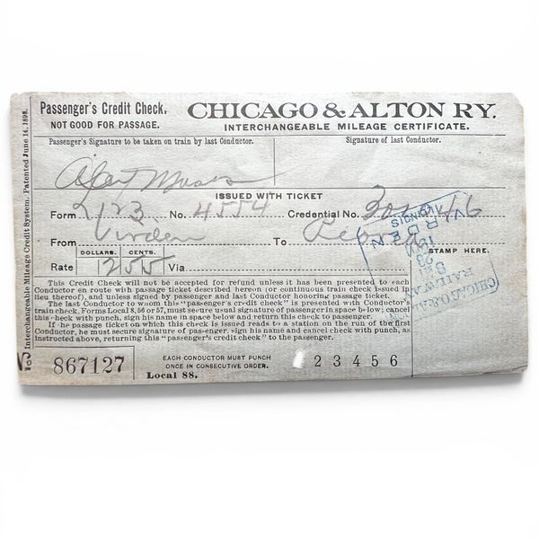 Vintage Chicago & Alton Railway interchangeable mileage certificate ticket.