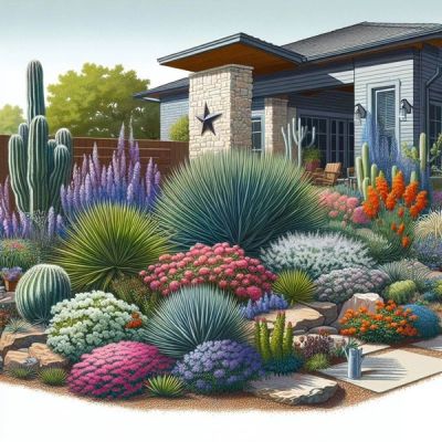 Colorful desert garden with cacti and flowering plants.