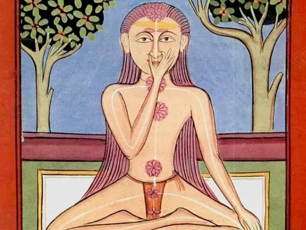 A classical illustration of an ancient practitioner of pranayama on a mat in a grove.