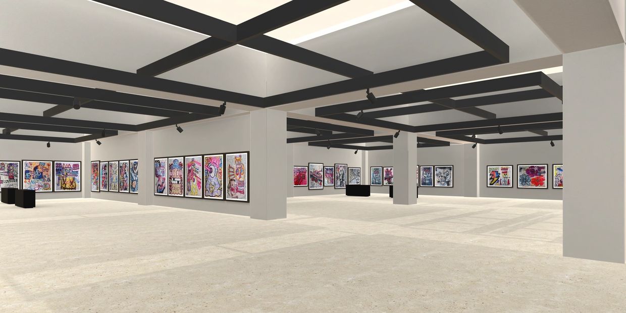 Spacious modern art gallery with colorful framed artworks on white walls and black ceiling beams.