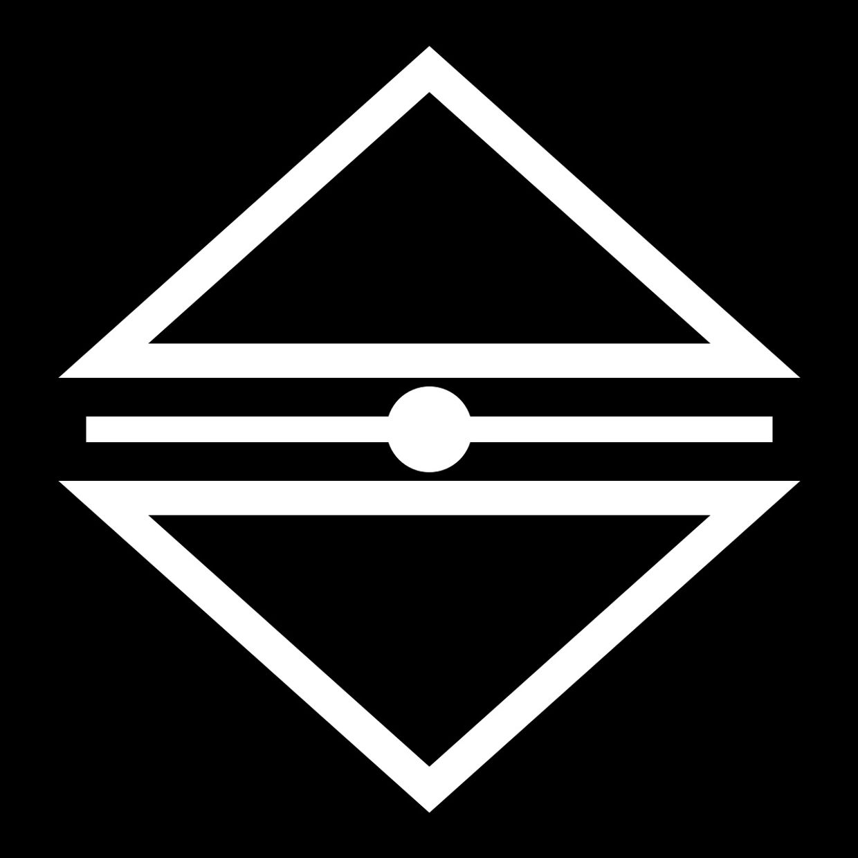 White geometric shapes forming a diamond with a central circle on black background.