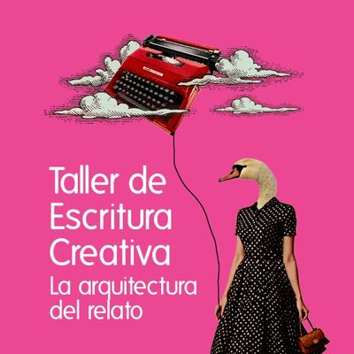 An artistic poster for a creative writing workshop featuring a typewriter balloon and a swan-headed woman.