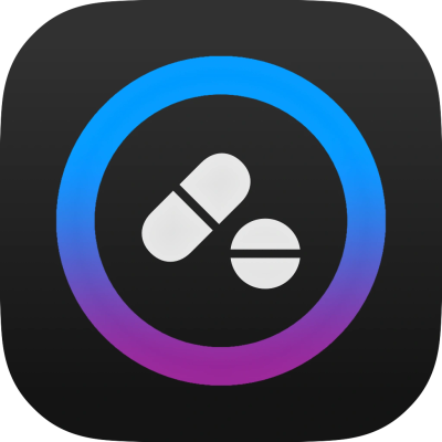 Icon with pills inside a blue-purple gradient circle on black background.