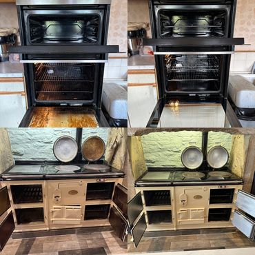 before and after of a professional oven clean of a double oven and an AGA in Bolton