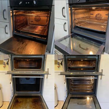 Before and after of a professional oven clean showing a Neff slide and hide oven and also a double o