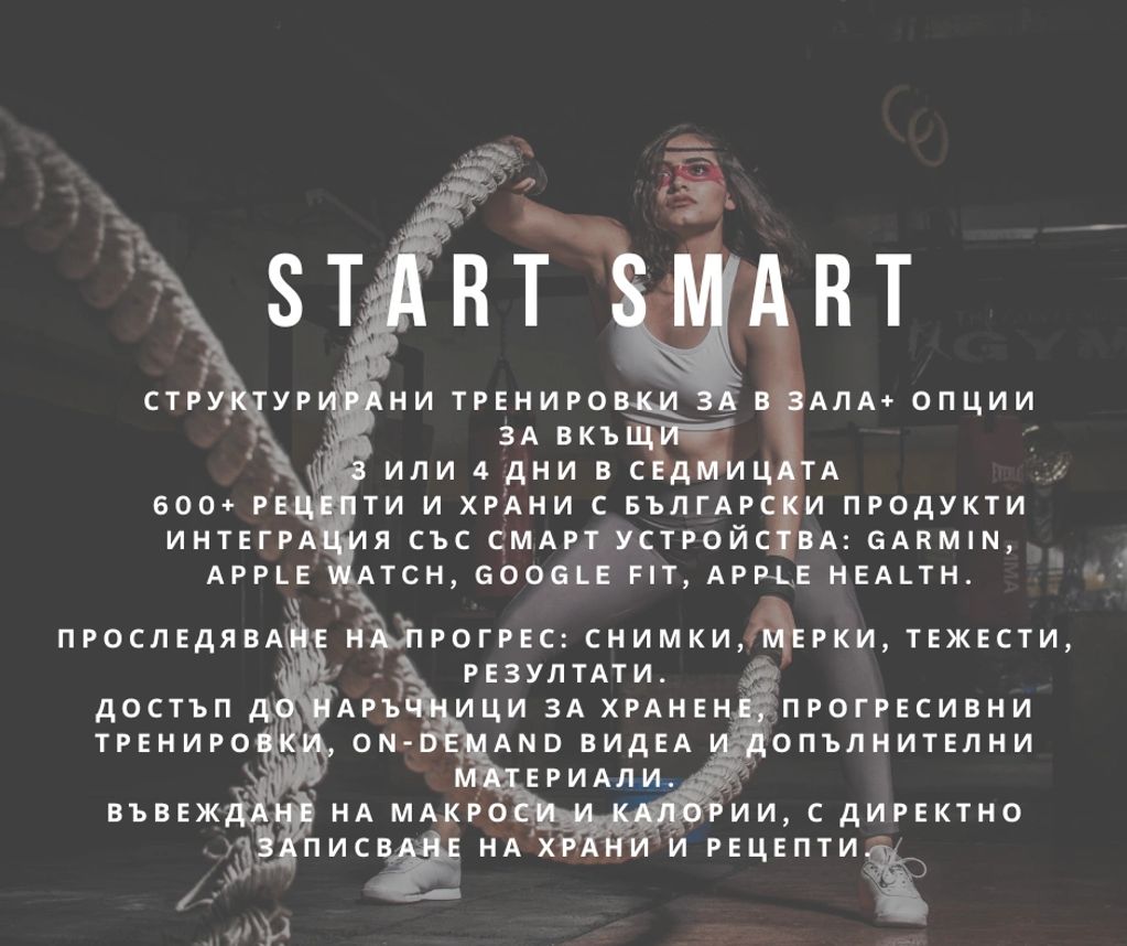 Жена тренира с въжета в спортна зала с мотивационен текст "Start Smart" и описание на фитнес програма на български.