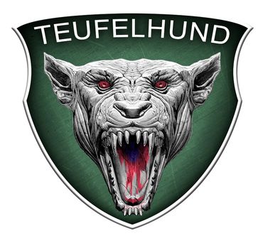 A fierce, snarling dog head with red eyes and sharp teeth, labeled 'TEUFELHUND'.