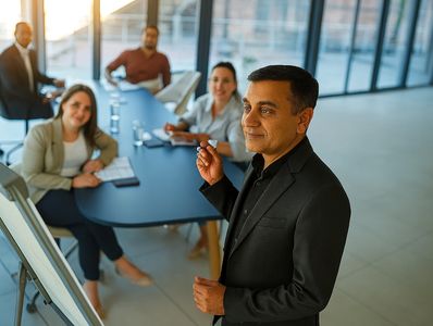 Businessman presenting to colleagues in a modern meeting room.