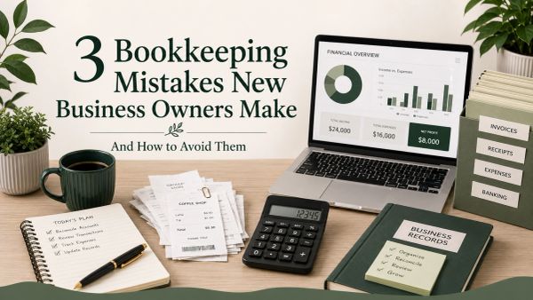 Work desk setup highlighting bookkeeping mistakes and financial management.