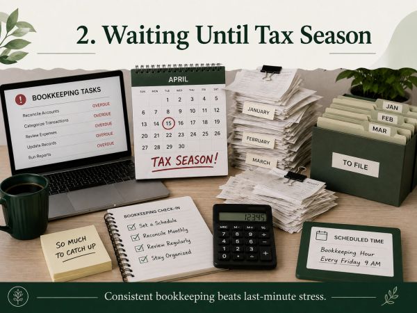 Desk cluttered with overdue bookkeeping tasks and tax season reminders.