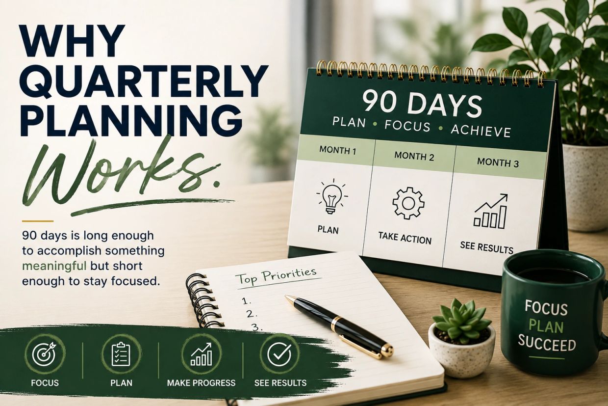 Quarterly planning divides 90 days into focused, actionable steps for success.