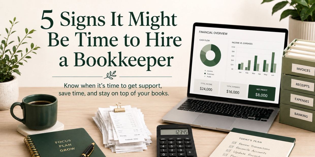 Workspace indicating signs to hire a bookkeeper with financial data on a laptop.