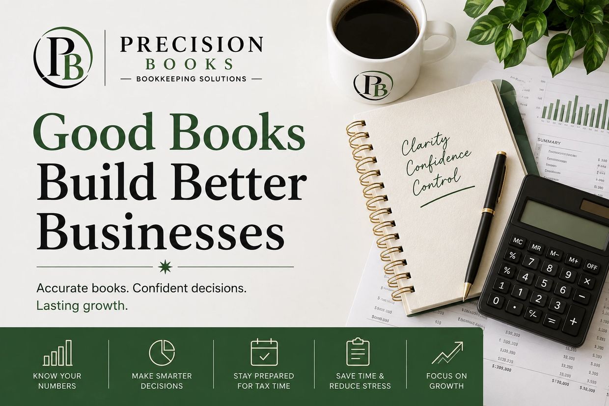 Bookkeeping promotional image with key benefits and tools.
