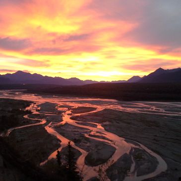 This is a sunrise over the Chugach Mountains with the Matanuska River in the foreground. This is abo