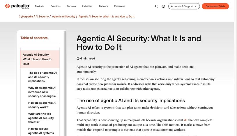 Article about securing agentic AI systems at Palo Alto Networks.