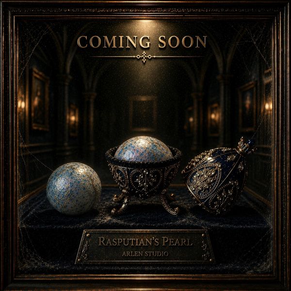 Ornate display of Rasputian's Pearl with elegant lighting in a dark, vintage setting.