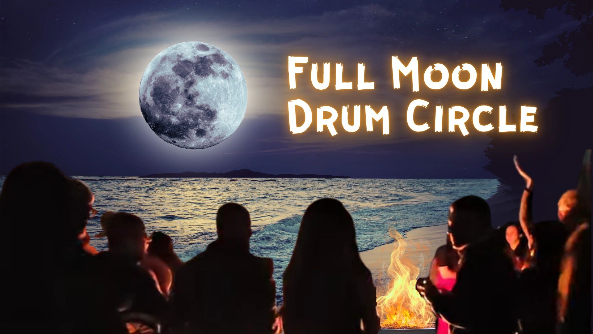 People gather around a fire on the beach under a full moon for a drum circle.