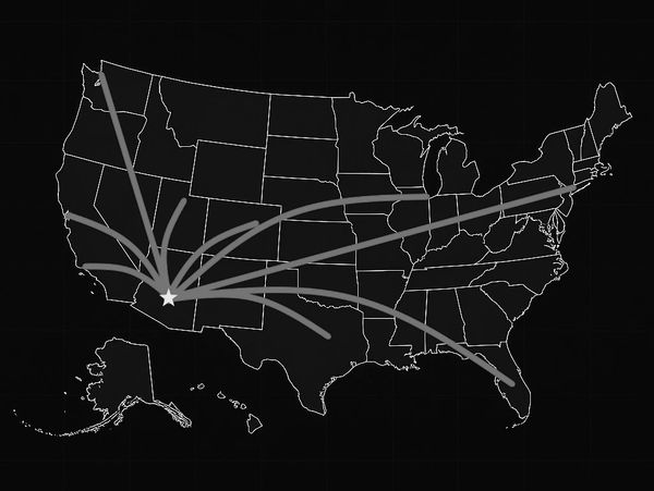 Phoenix hub with arrows connecting major U.S. cities on a dark tech-style U.S. map.