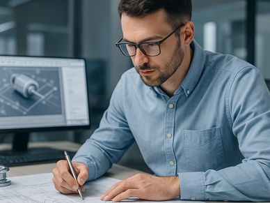 Engineer reviews blueprints, representing expert staffing in design and systems roles.