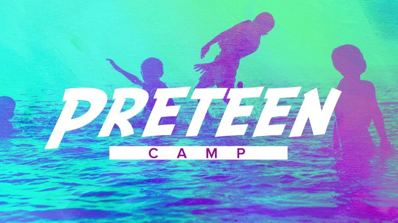 Silhouettes of kids playing in water with 'Preteen Camp' text overlay.