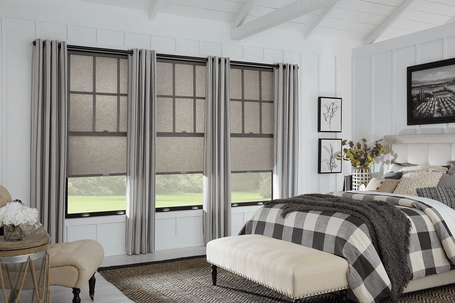 Shades with curtains in bedroom