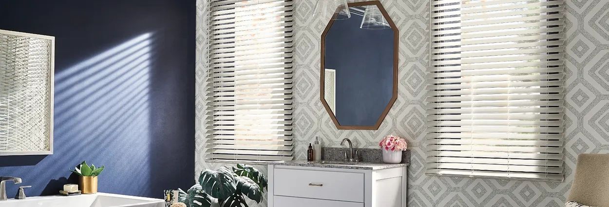 Faux wood blinds in bathroom