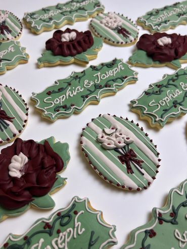 Personalized 'Sophia & Joseph' wedding royal icing cookies in green and gold with burgundy 3D sugar