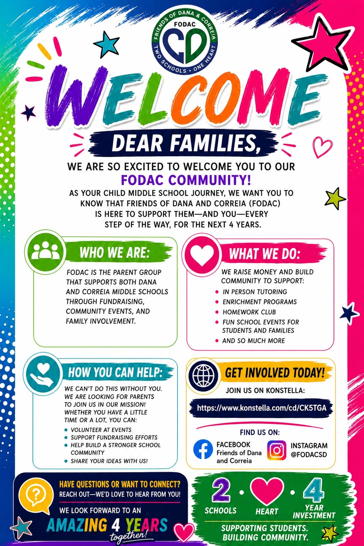 Colorful welcome flyer for FODAC community supporting middle school families.