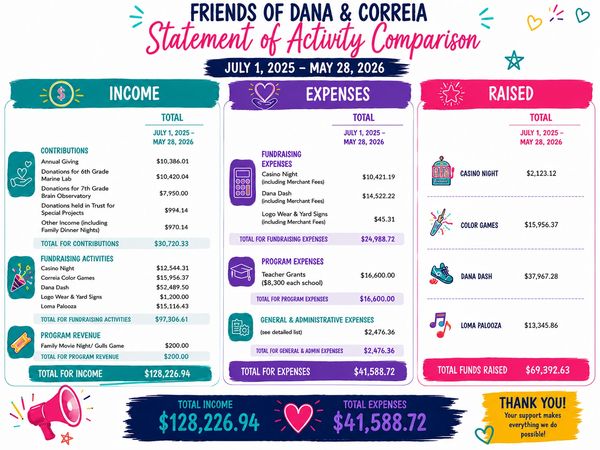 Financial comparison of income, expenses, and funds raised by Friends of Dana & Correia.