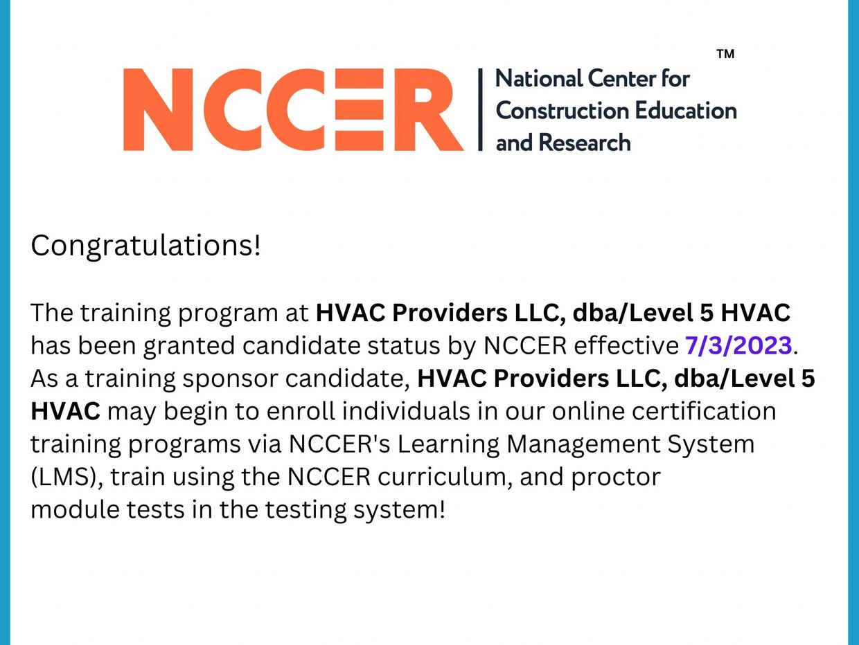 NCCER acceptance message to HVACPROVIDERS LLC.