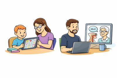 Kids and adults learning digitally through tablets and video calls.