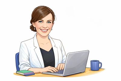 Smiling woman working on laptop at desk with books and coffee.