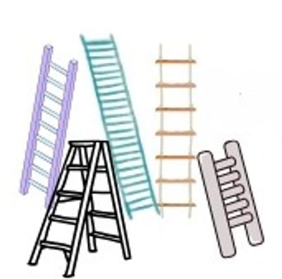 Various types of ladders in different colors and styles.