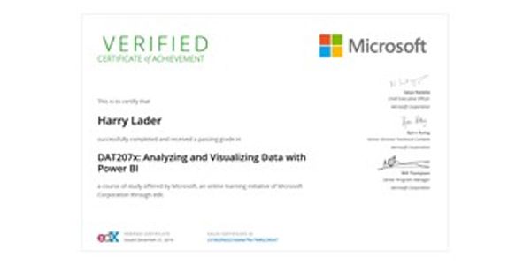 Verified course completion certificate of achievement in Analyzing and Visualizing Data with Power B
