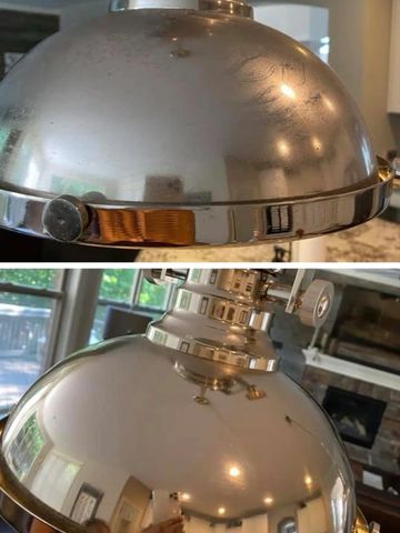 Before and after polishing of a metallic lamp.